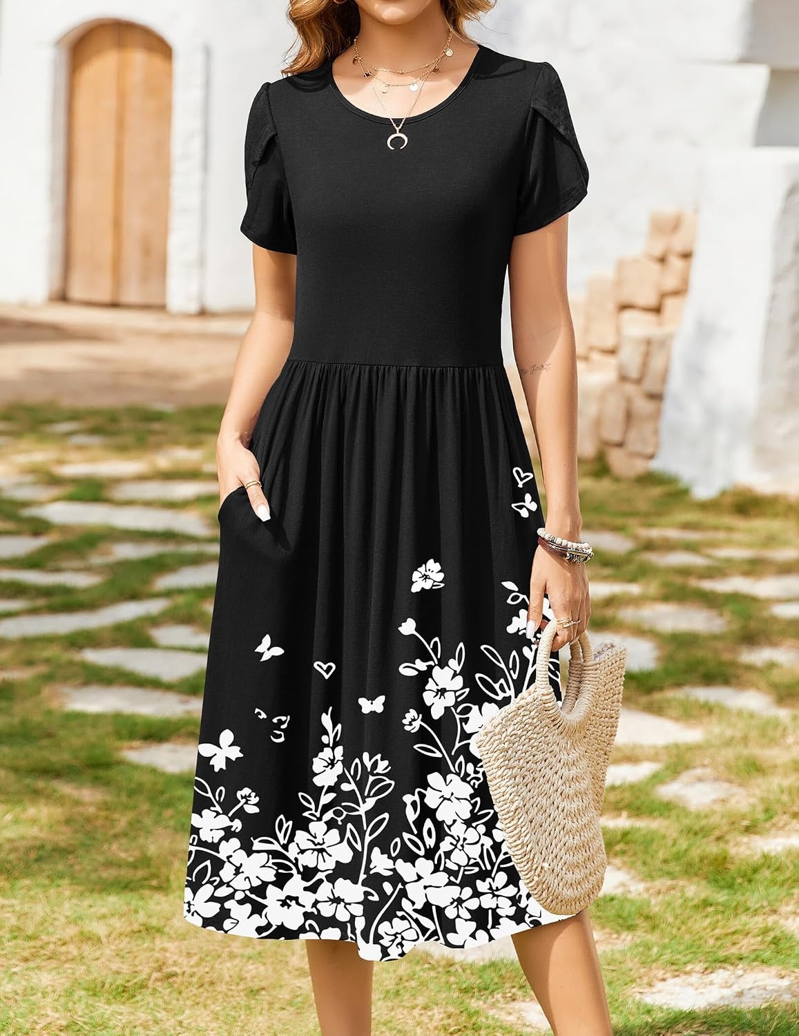 image:imageZeagoo Womens Summer Dresses Casual Aline Midi Dress Short Sleeve Floral Tshirt Dress Flowy Beach Sundresses with PocketsWhite Floral Black