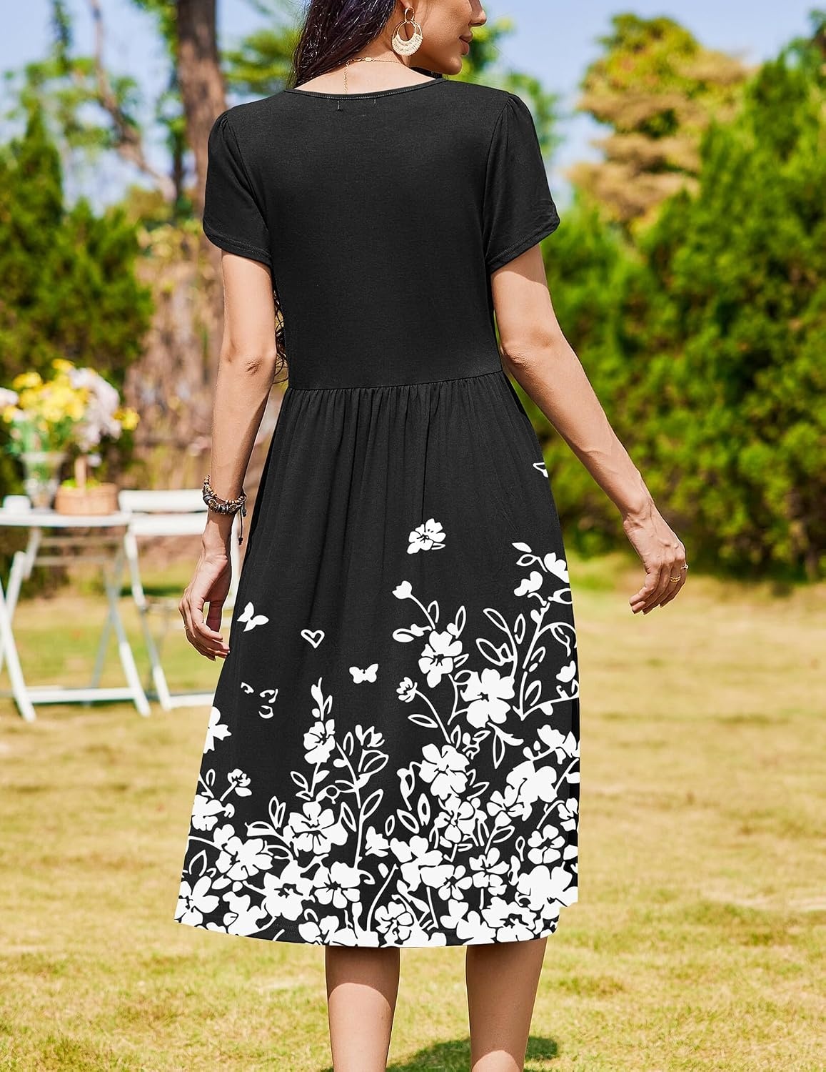 image:imageZeagoo Womens Summer Dresses Casual Aline Midi Dress Short Sleeve Floral Tshirt Dress Flowy Beach Sundresses with PocketsWhite Floral Black