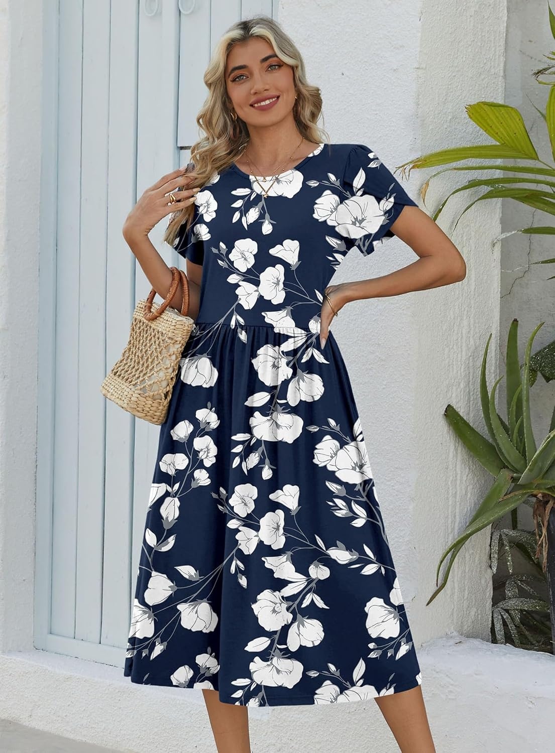 image:imageZeagoo Womens Summer Dresses Casual Aline Midi Dress Short Sleeve Floral Tshirt Dress Flowy Beach Sundresses with PocketsWhite Floral Blue