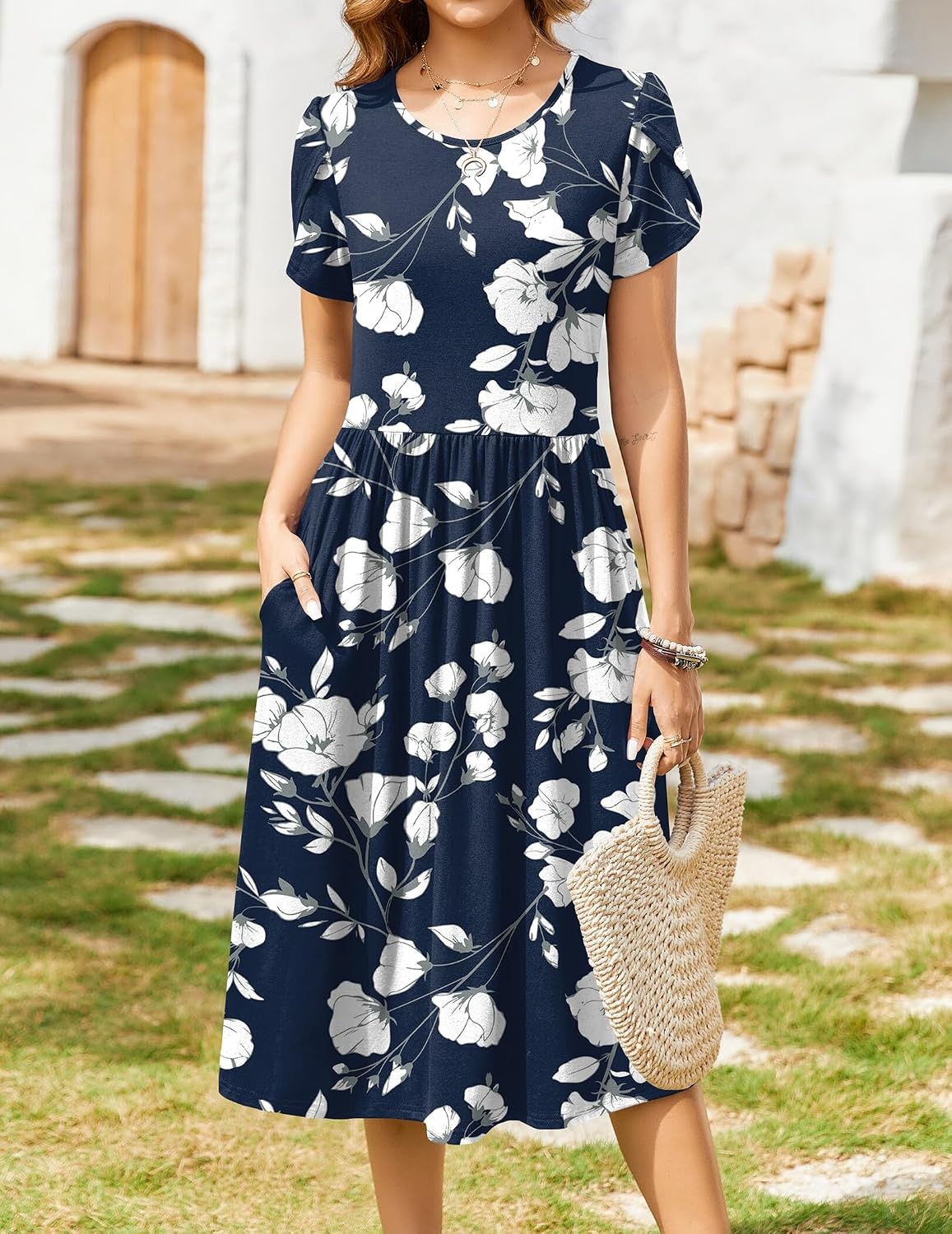 image:imageZeagoo Womens Summer Dresses Casual Aline Midi Dress Short Sleeve Floral Tshirt Dress Flowy Beach Sundresses with PocketsWhite Floral Blue
