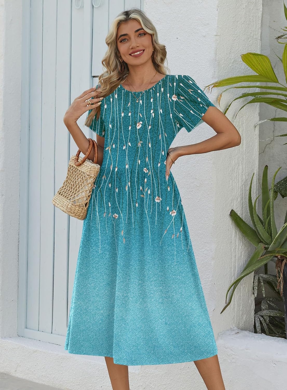 image:imageZeagoo Womens Summer Dresses Casual Aline Midi Dress Short Sleeve Floral Tshirt Dress Flowy Beach Sundresses with PocketsXh363