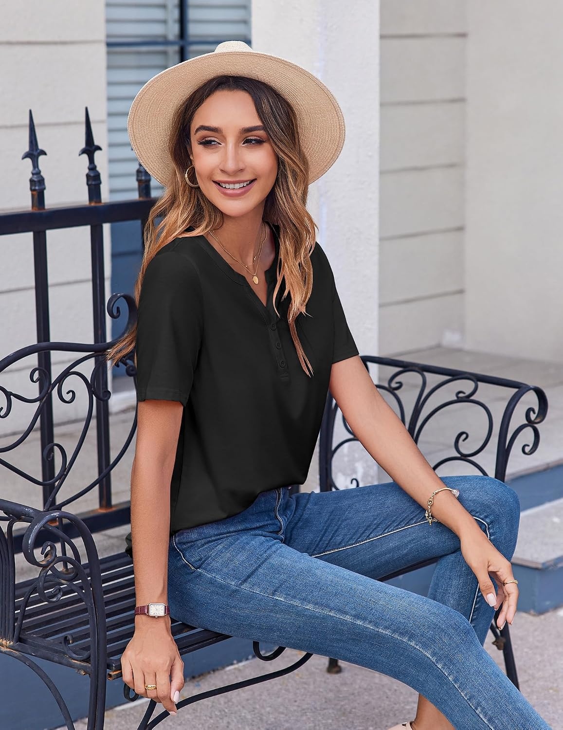 image:imageZeagoo Womens Summer Tops Casual Short Sleeve V Neck T Shirts Dressy BlouseBlack