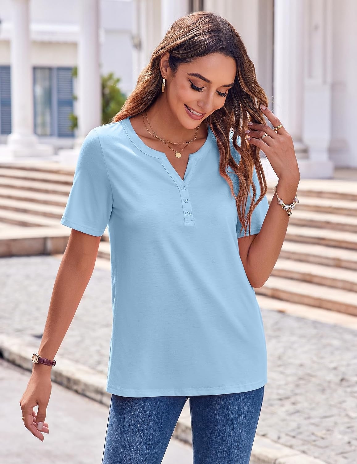 image:imageZeagoo Womens Summer Tops Casual Short Sleeve V Neck T Shirts Dressy BlouseBlue