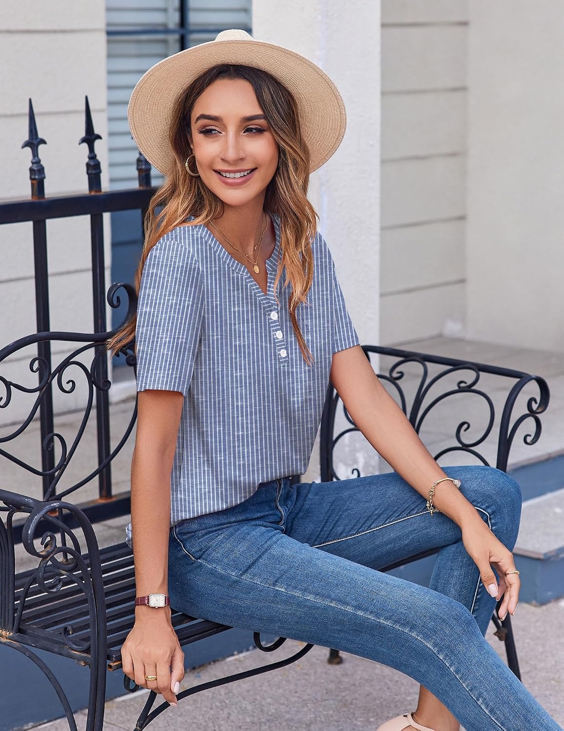 image:imageZeagoo Womens Summer Tops Casual Short Sleeve V Neck T Shirts Dressy BlouseBlue White Stripes