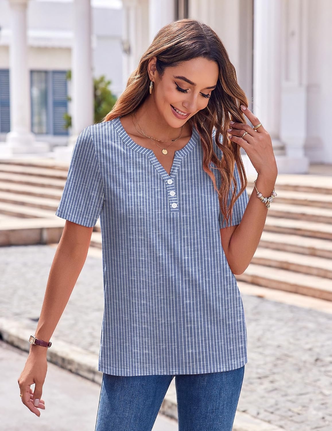 image:imageZeagoo Womens Summer Tops Casual Short Sleeve V Neck T Shirts Dressy BlouseBlue White Stripes