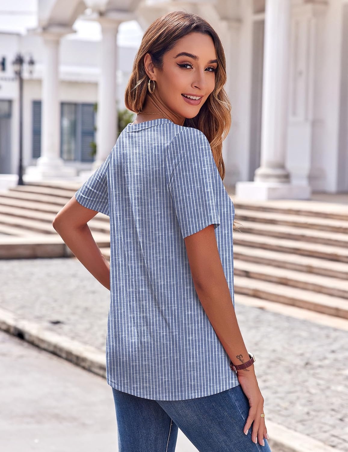 image:imageZeagoo Womens Summer Tops Casual Short Sleeve V Neck T Shirts Dressy BlouseBlue White Stripes