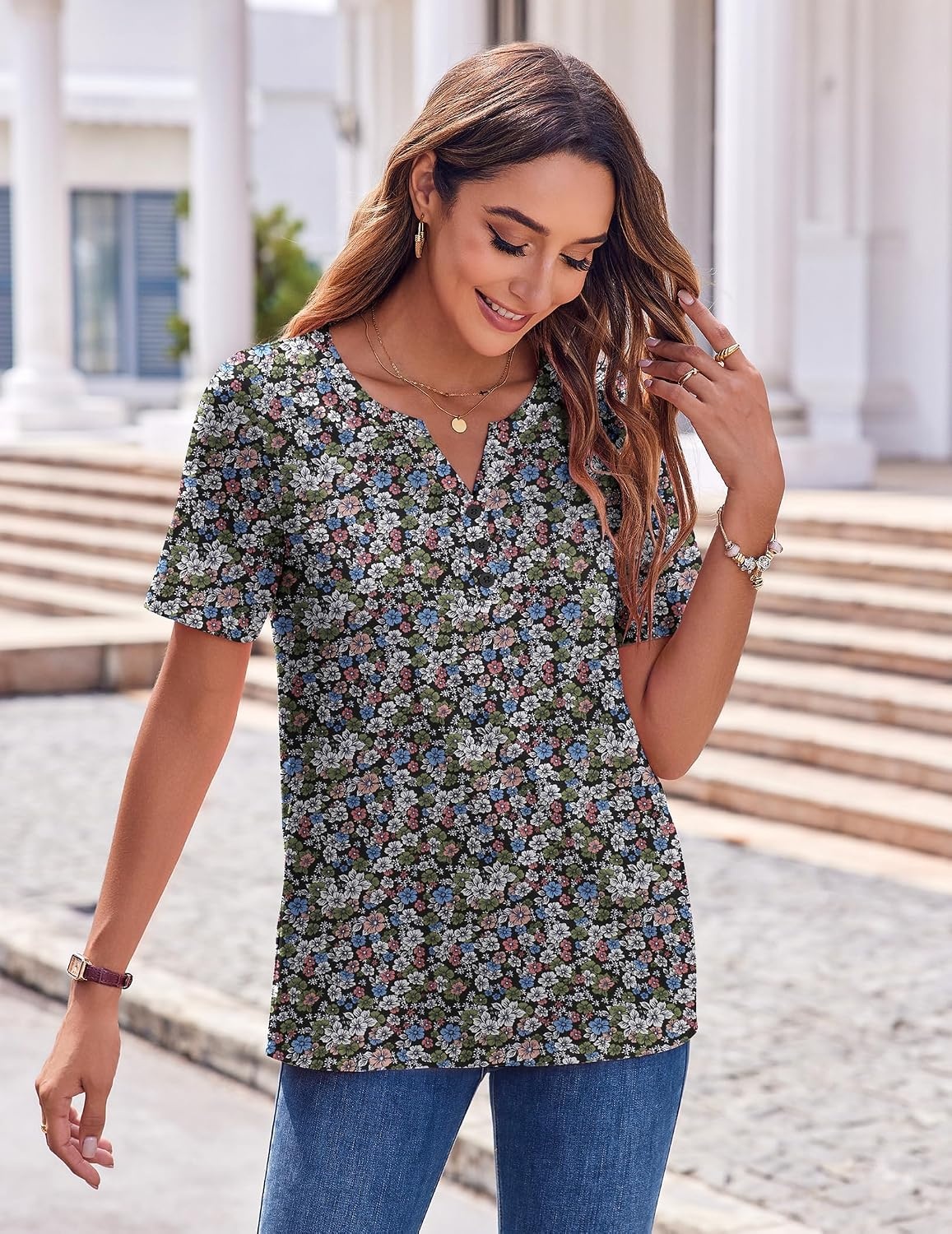 image:imageZeagoo Womens Summer Tops Casual Short Sleeve V Neck T Shirts Dressy BlouseFloral Multi