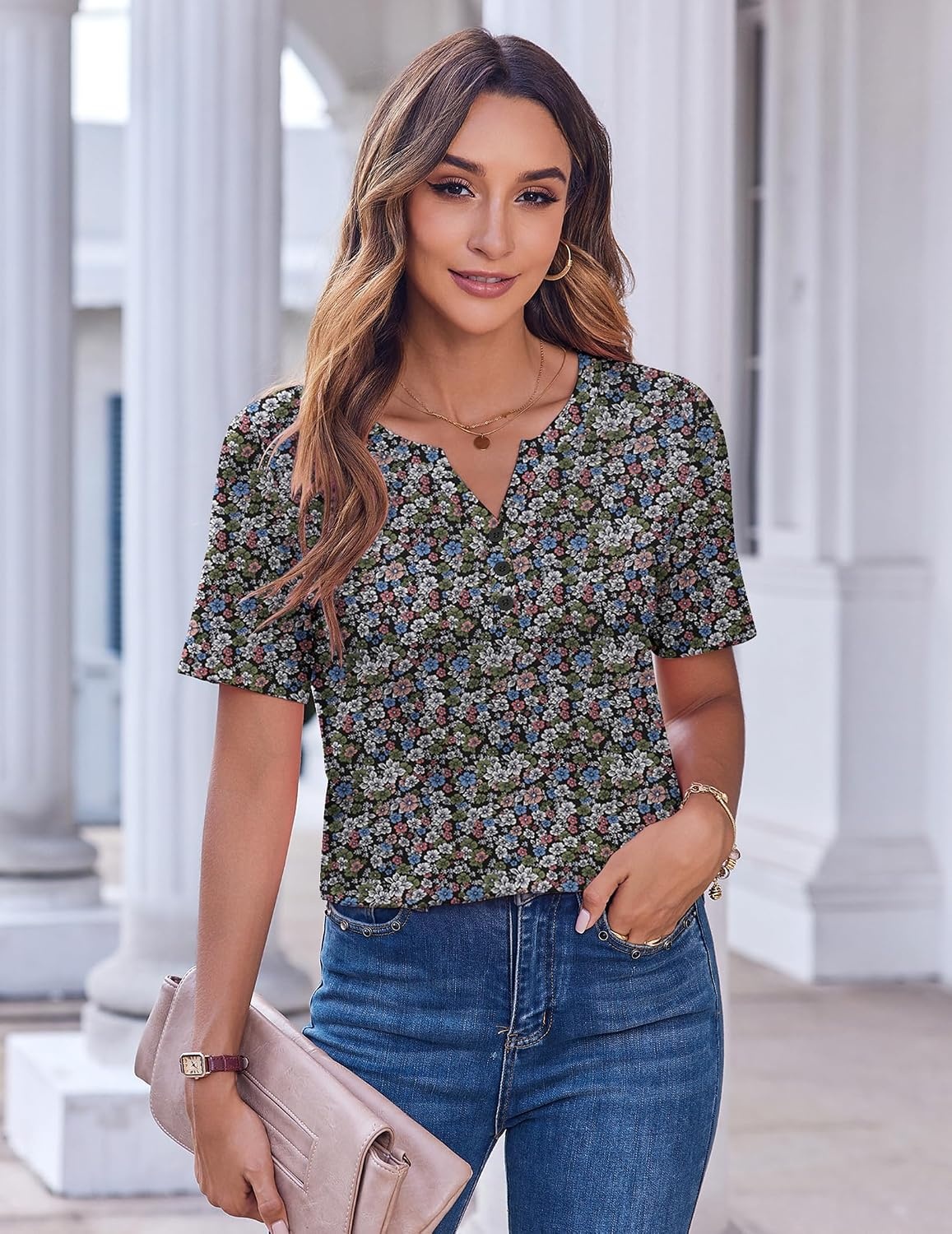 image:imageZeagoo Womens Summer Tops Casual Short Sleeve V Neck T Shirts Dressy BlouseFloral Multi