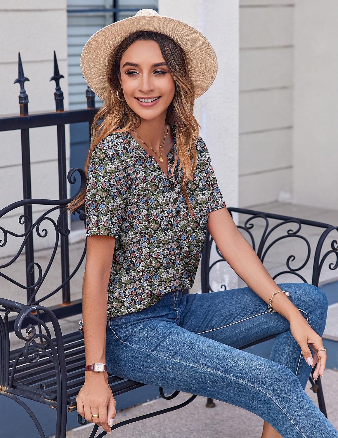 image:imageZeagoo Womens Summer Tops Casual Short Sleeve V Neck T Shirts Dressy BlouseFloral Multi