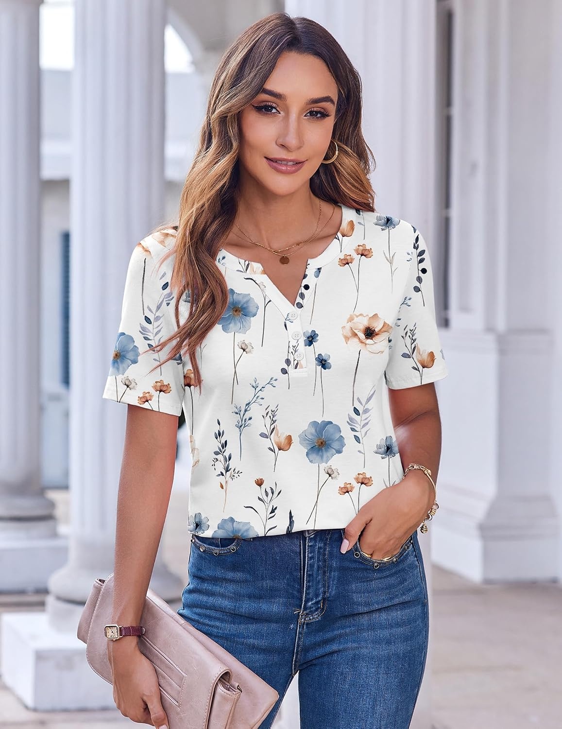image:imageZeagoo Womens Summer Tops Casual Short Sleeve V Neck T Shirts Dressy BlouseFloral White