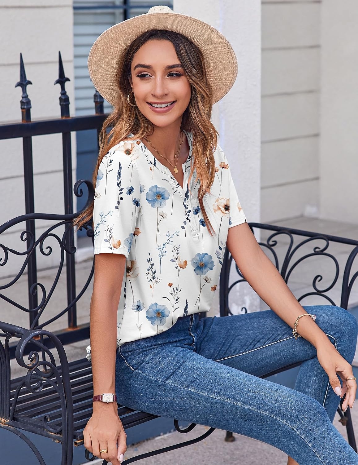 image:imageZeagoo Womens Summer Tops Casual Short Sleeve V Neck T Shirts Dressy BlouseFloral White