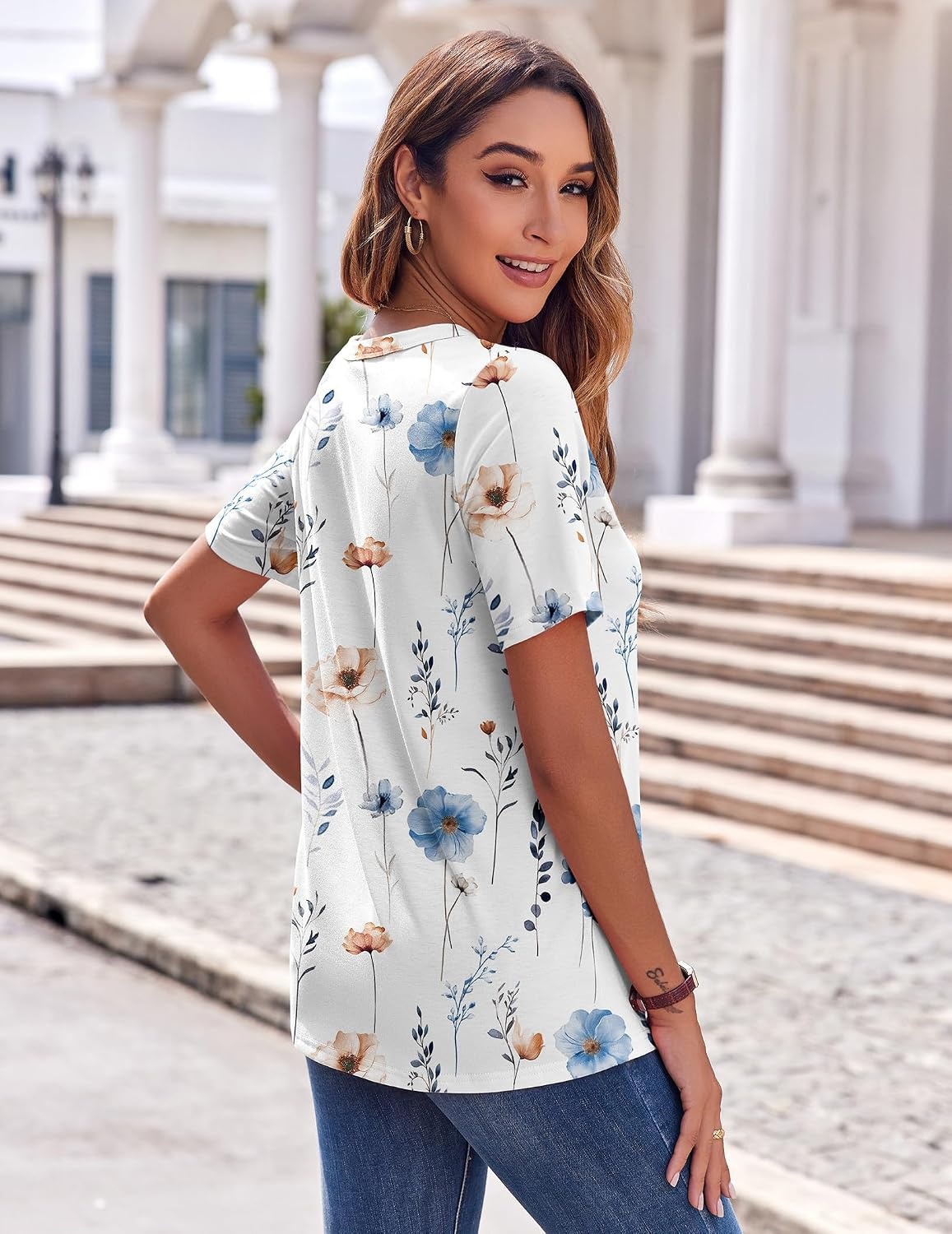 image:imageZeagoo Womens Summer Tops Casual Short Sleeve V Neck T Shirts Dressy BlouseFloral White