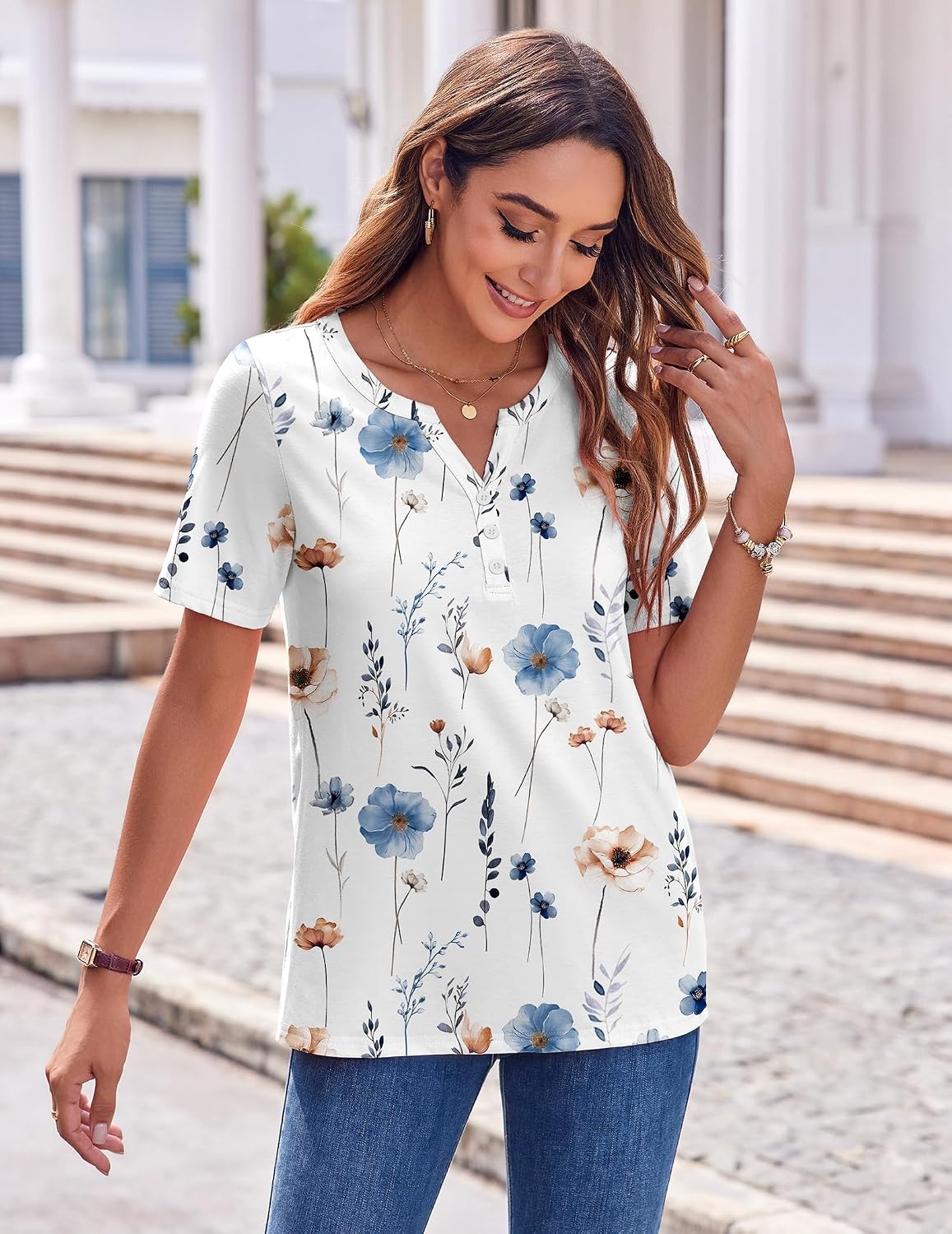 image:imageZeagoo Womens Summer Tops Casual Short Sleeve V Neck T Shirts Dressy BlouseFloral White