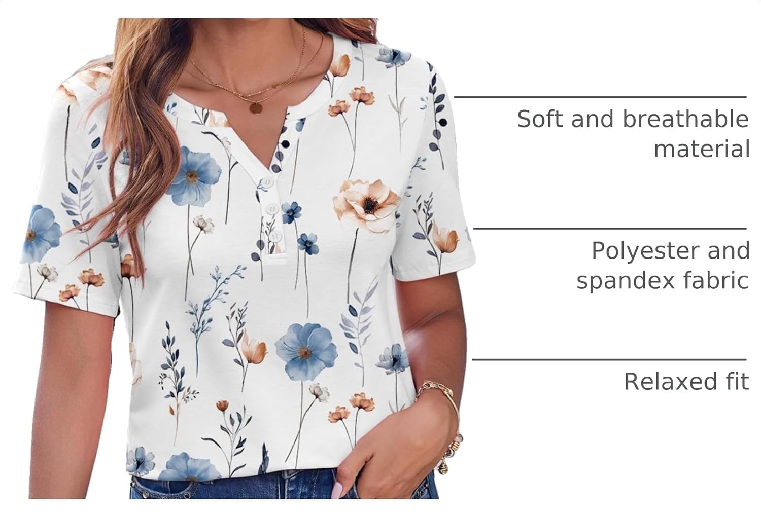 image:imageZeagoo Womens Summer Tops Casual Short Sleeve V Neck T Shirts Dressy BlouseFloral White