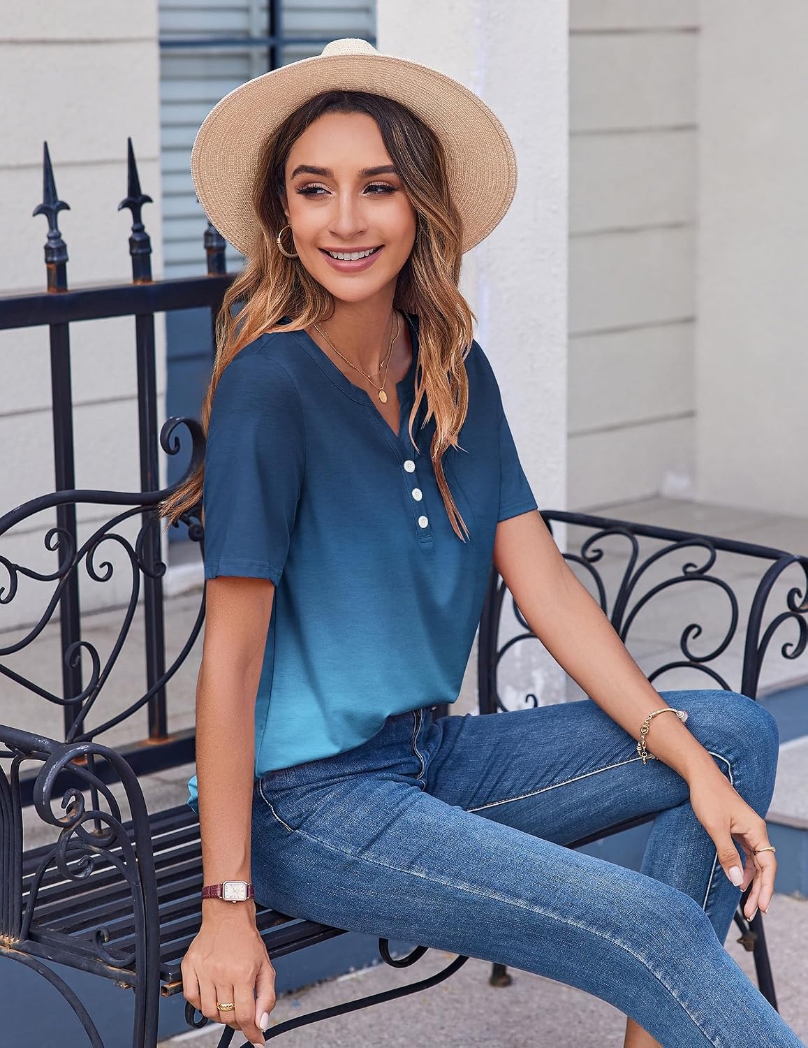 image:imageZeagoo Womens Summer Tops Casual Short Sleeve V Neck T Shirts Dressy BlouseGradient Blue