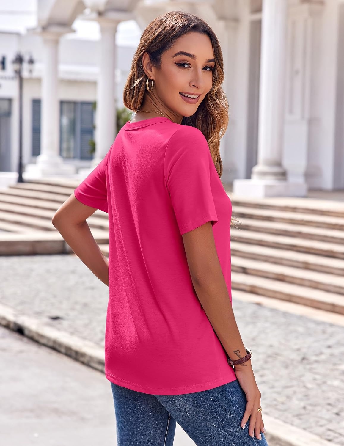 image:imageZeagoo Womens Summer Tops Casual Short Sleeve V Neck T Shirts Dressy BlouseHot Pink