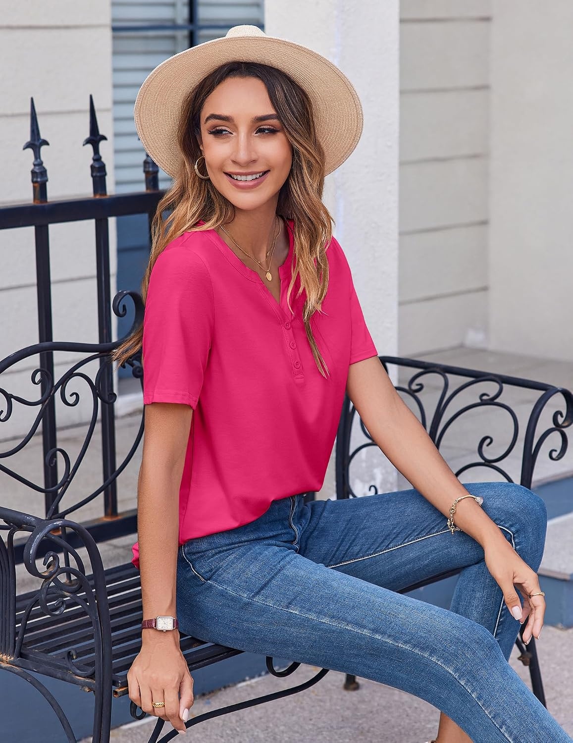 image:imageZeagoo Womens Summer Tops Casual Short Sleeve V Neck T Shirts Dressy BlouseHot Pink