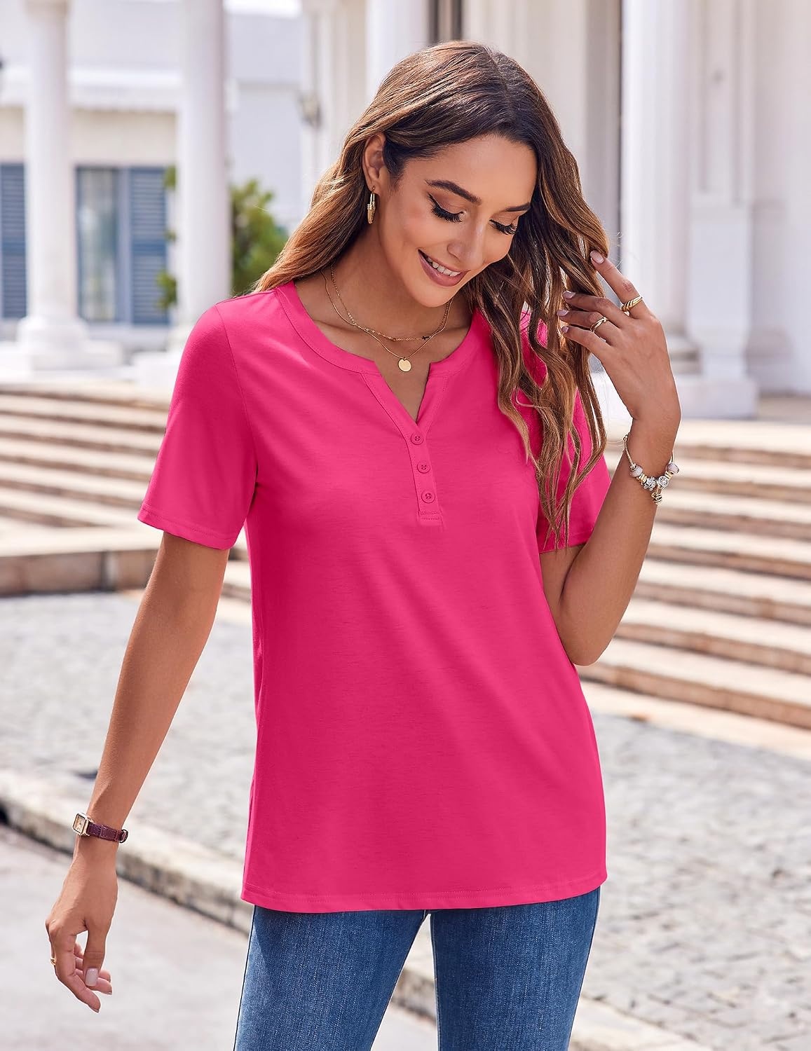 image:imageZeagoo Womens Summer Tops Casual Short Sleeve V Neck T Shirts Dressy BlouseHot Pink