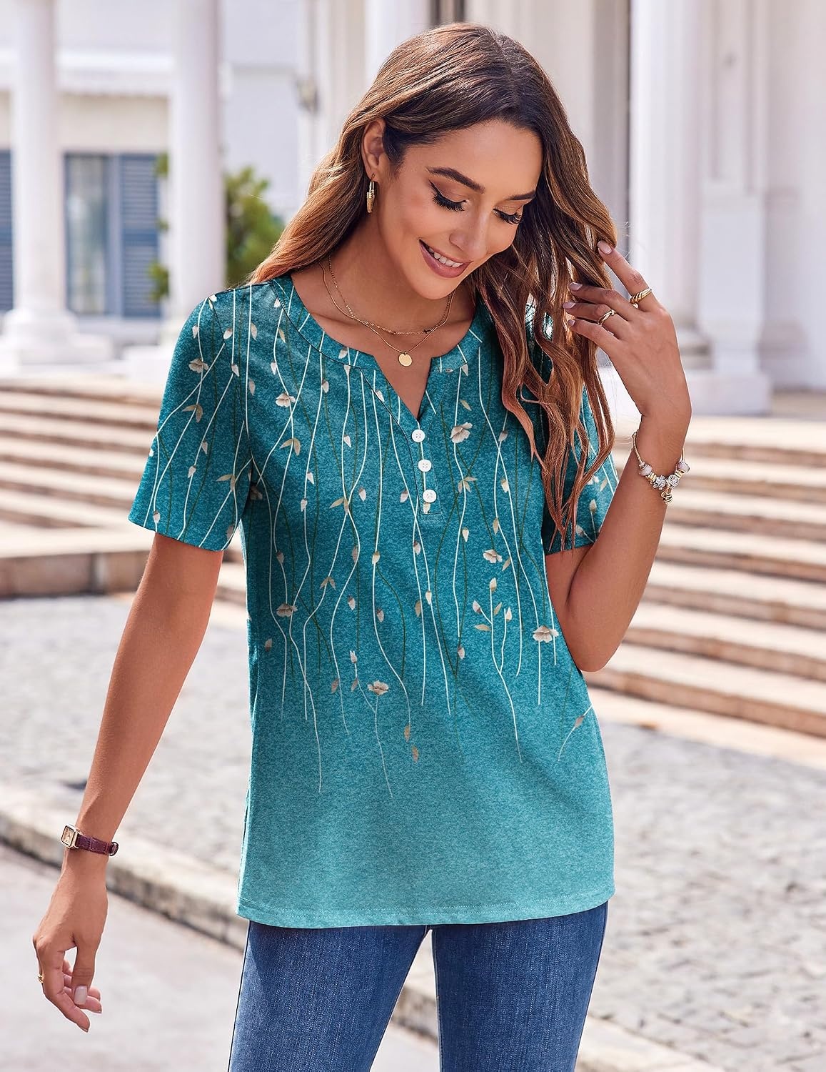 image:imageZeagoo Womens Summer Tops Casual Short Sleeve V Neck T Shirts Dressy BlouseLeaf Green