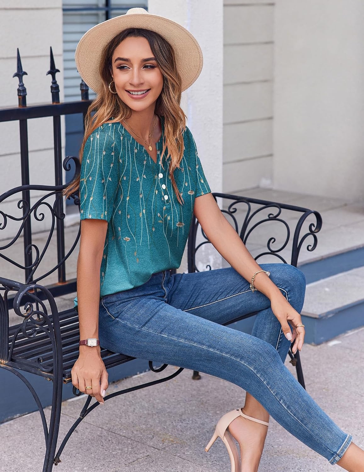 image:imageZeagoo Womens Summer Tops Casual Short Sleeve V Neck T Shirts Dressy BlouseLeaf Green
