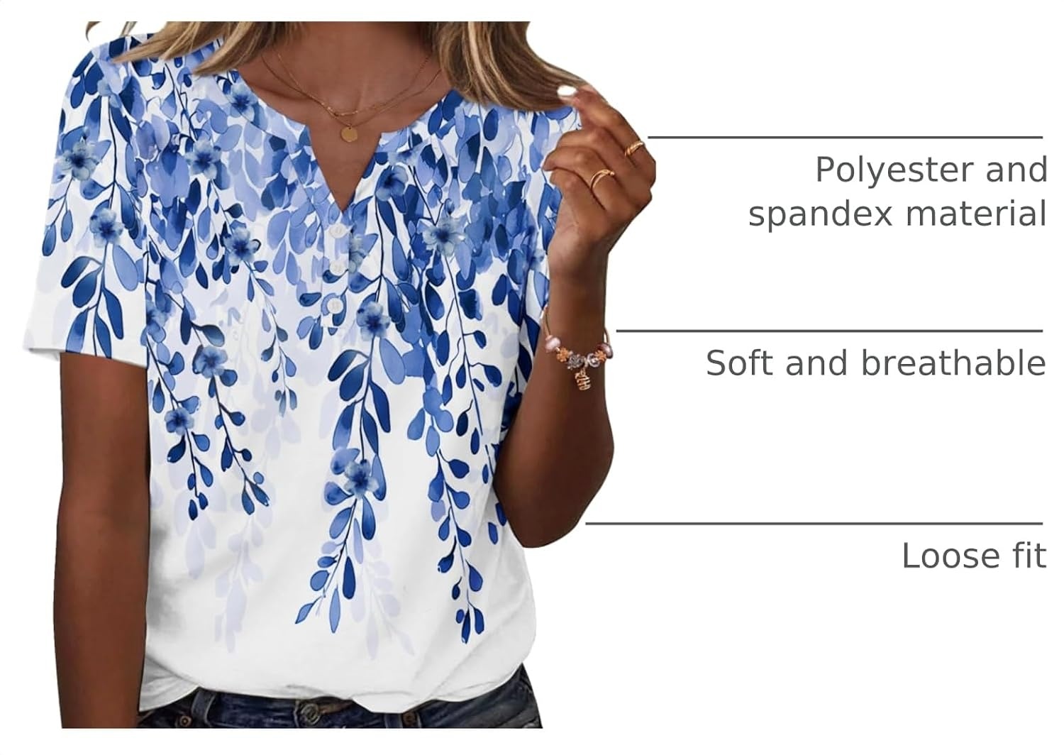 image:imageZeagoo Womens Summer Tops Casual Short Sleeve V Neck T Shirts Dressy BlouseLeaf White Blue