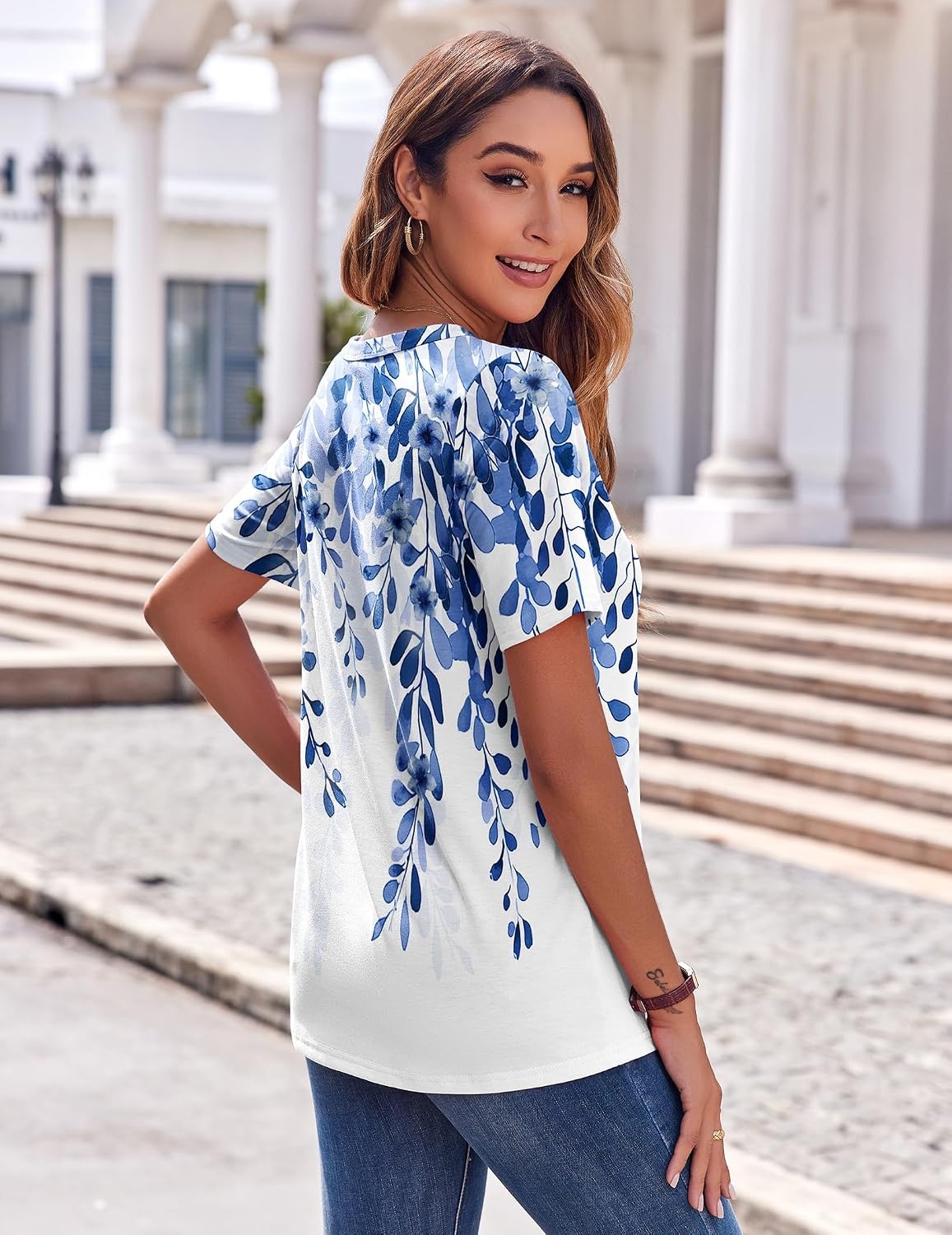 image:imageZeagoo Womens Summer Tops Casual Short Sleeve V Neck T Shirts Dressy BlouseLeaf White Blue