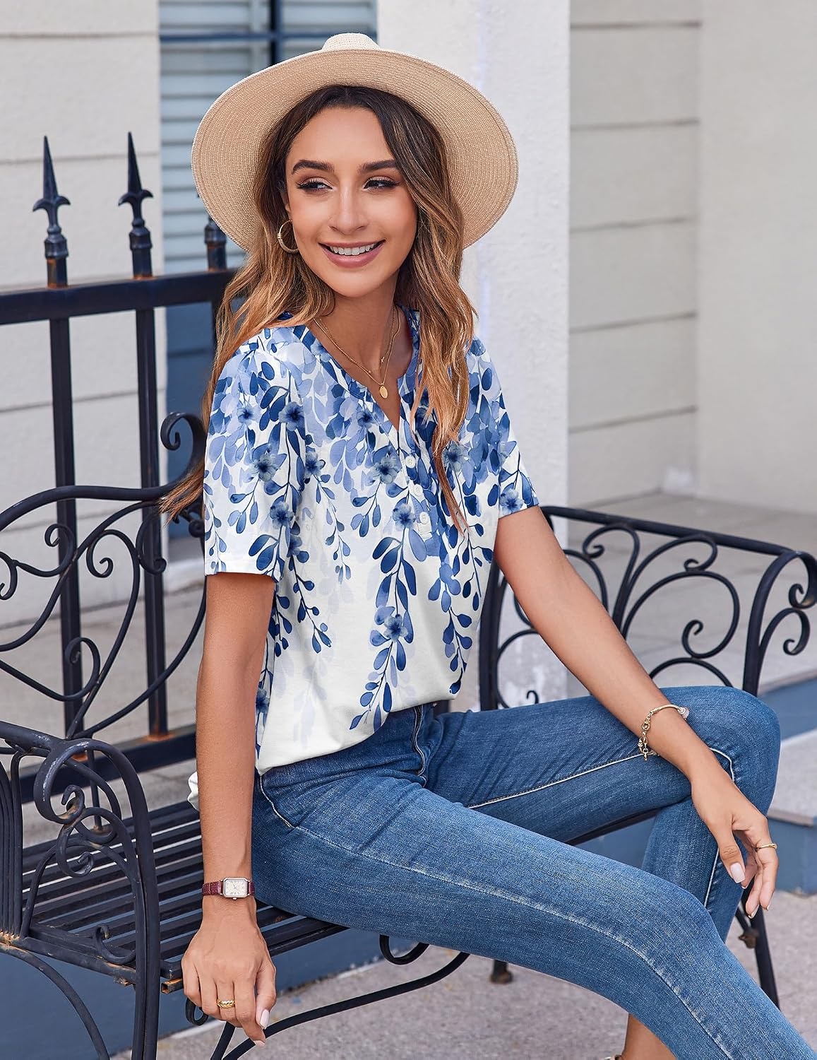 image:imageZeagoo Womens Summer Tops Casual Short Sleeve V Neck T Shirts Dressy BlouseLeaf White Blue