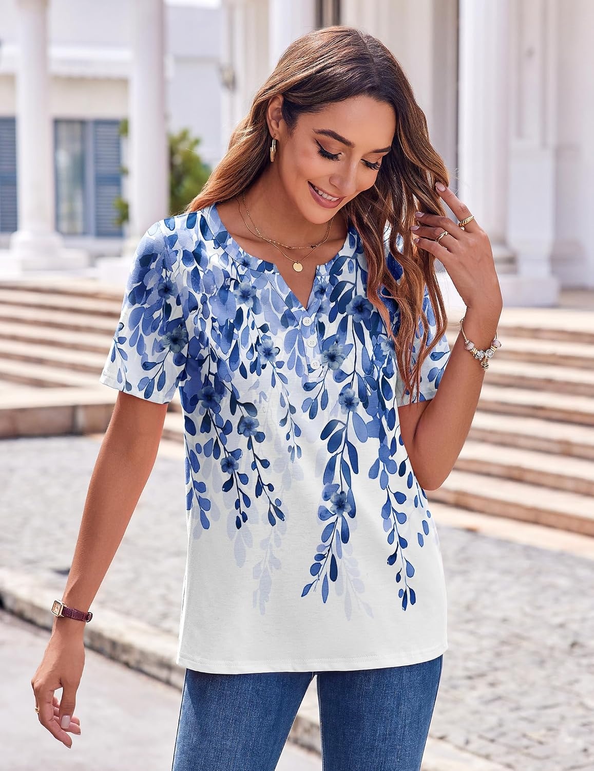 image:imageZeagoo Womens Summer Tops Casual Short Sleeve V Neck T Shirts Dressy BlouseLeaf White Blue
