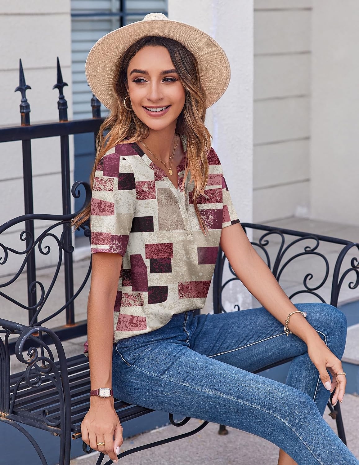 image:imageZeagoo Womens Summer Tops Casual Short Sleeve V Neck T Shirts Dressy BlouseMulticolor 509