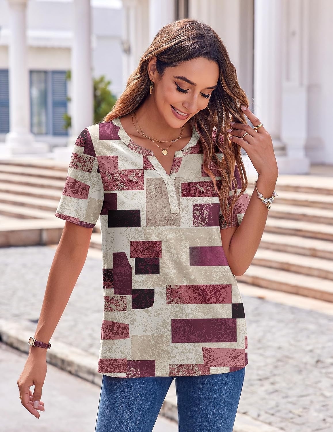image:imageZeagoo Womens Summer Tops Casual Short Sleeve V Neck T Shirts Dressy BlouseMulticolor 509