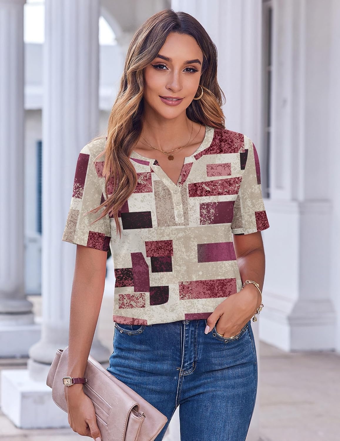 image:imageZeagoo Womens Summer Tops Casual Short Sleeve V Neck T Shirts Dressy BlouseMulticolor 509