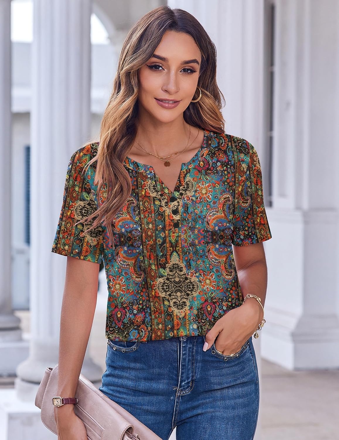 image:imageZeagoo Womens Summer Tops Casual Short Sleeve V Neck T Shirts Dressy BlouseMulticolor 721