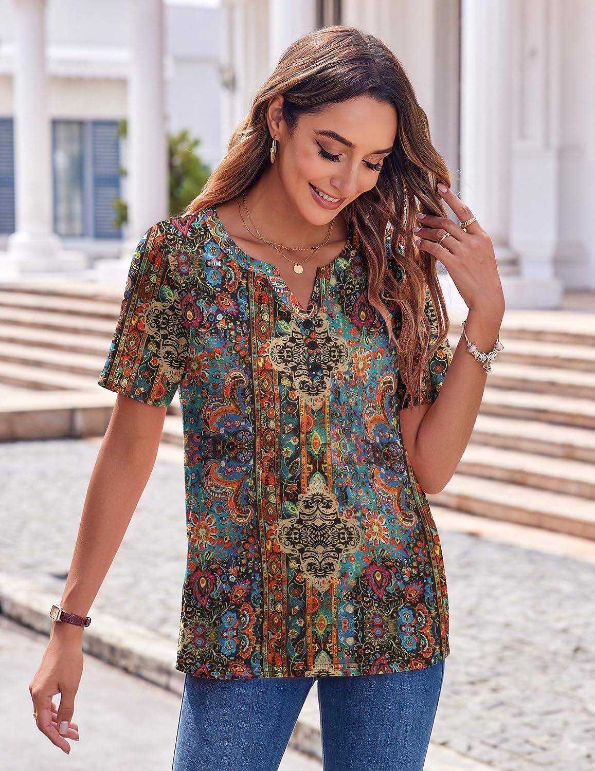 image:imageZeagoo Womens Summer Tops Casual Short Sleeve V Neck T Shirts Dressy BlouseMulticolor 721