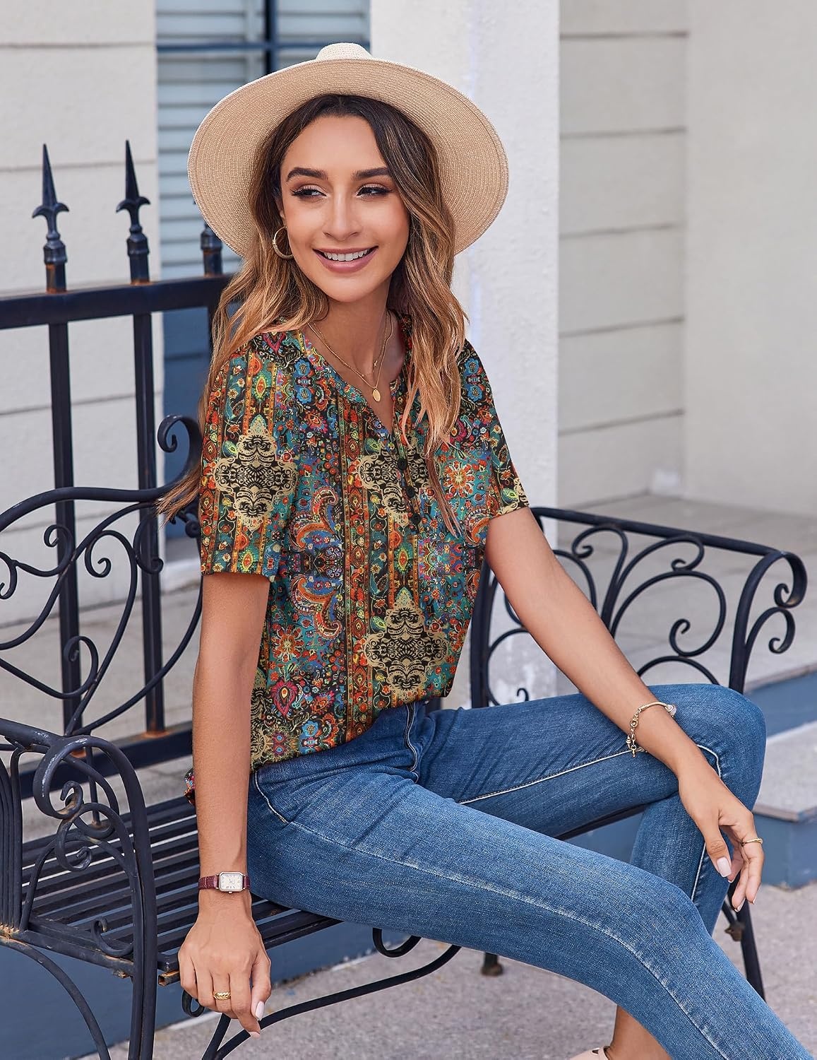 image:imageZeagoo Womens Summer Tops Casual Short Sleeve V Neck T Shirts Dressy BlouseMulticolor 721