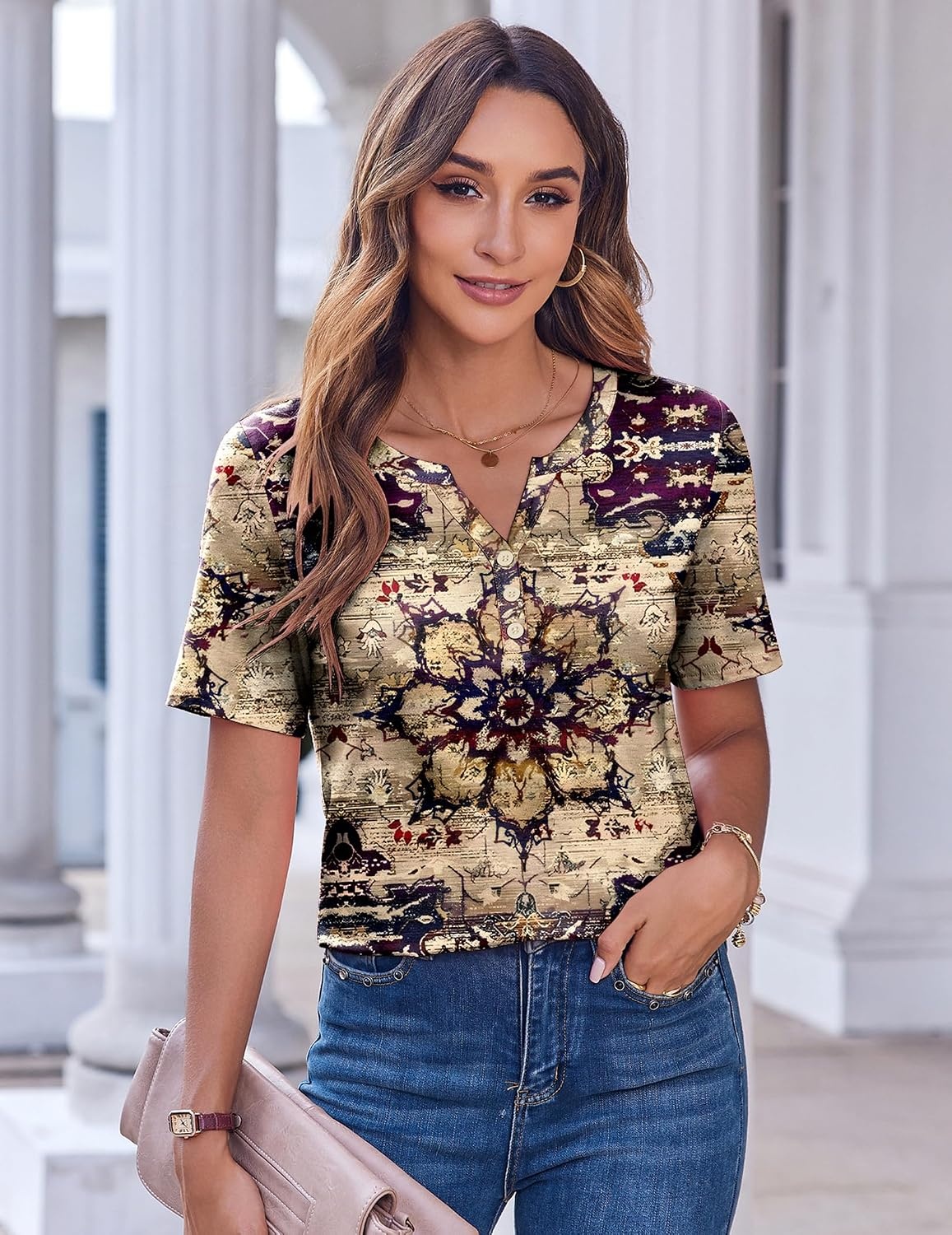 image:imageZeagoo Womens Summer Tops Casual Short Sleeve V Neck T Shirts Dressy BlouseMulticolor 857