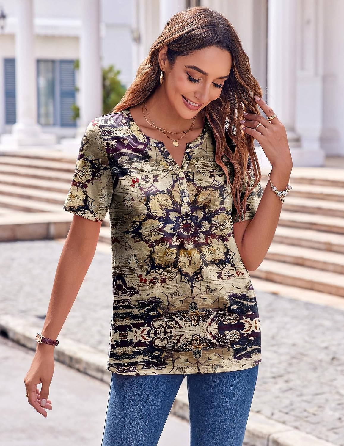 image:imageZeagoo Womens Summer Tops Casual Short Sleeve V Neck T Shirts Dressy BlouseMulticolor 857
