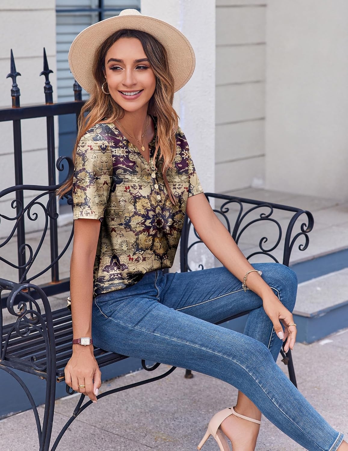 image:imageZeagoo Womens Summer Tops Casual Short Sleeve V Neck T Shirts Dressy BlouseMulticolor 857