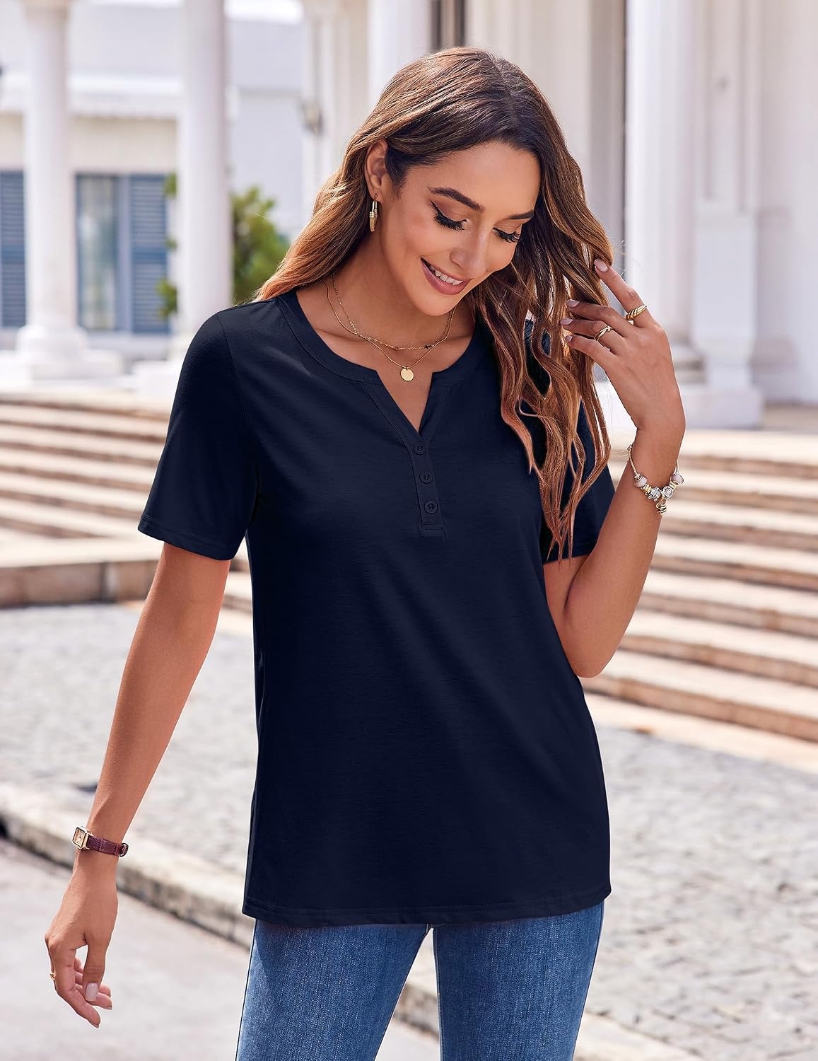 image:imageZeagoo Womens Summer Tops Casual Short Sleeve V Neck T Shirts Dressy BlouseNavy Blue