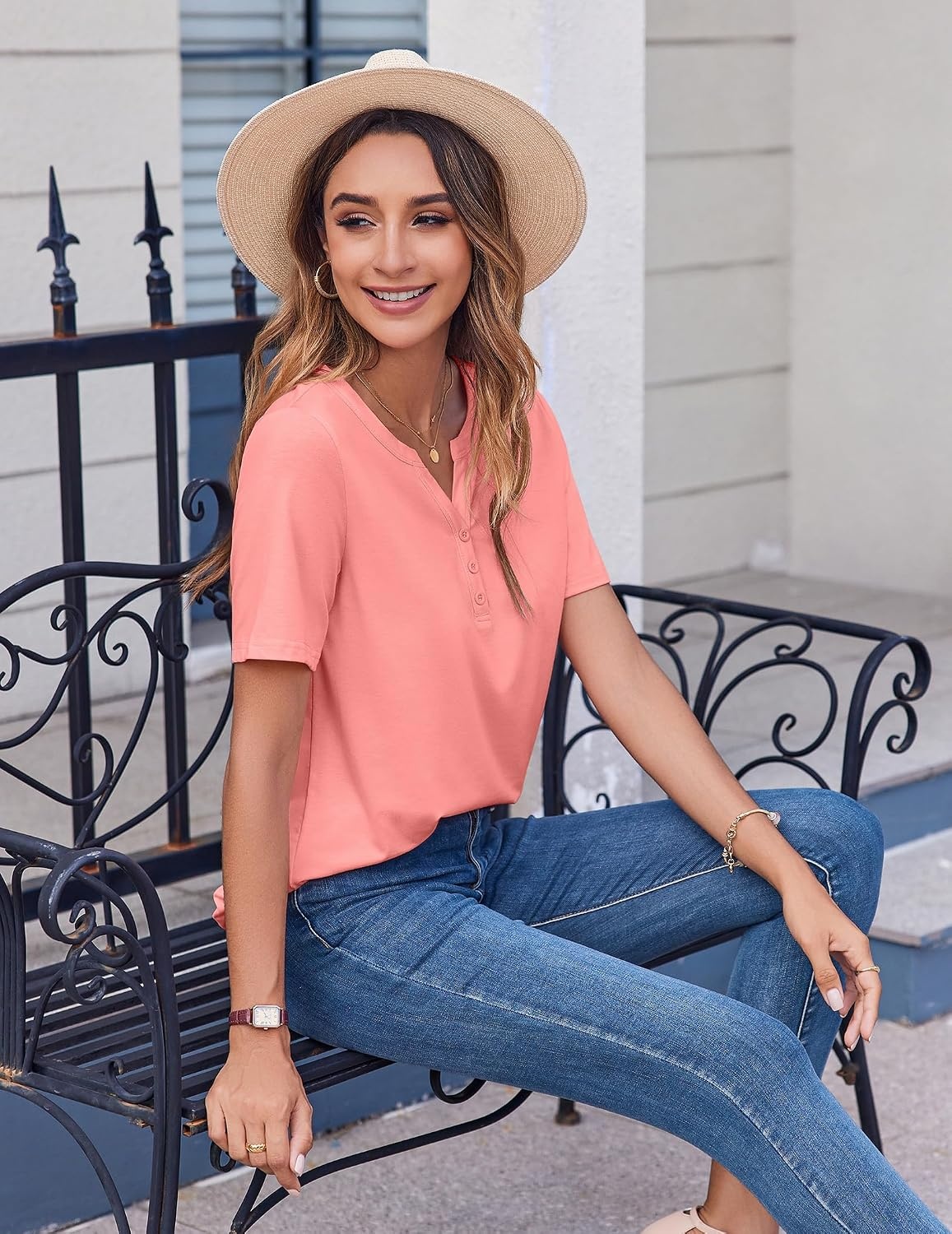 image:imageZeagoo Womens Summer Tops Casual Short Sleeve V Neck T Shirts Dressy BlousePink