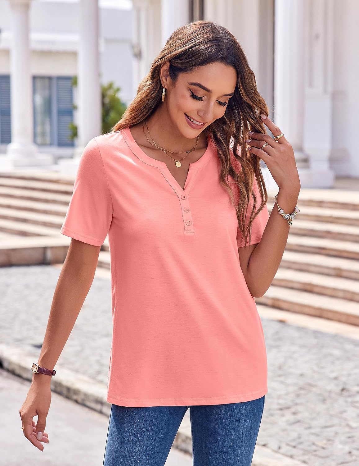 image:imageZeagoo Womens Summer Tops Casual Short Sleeve V Neck T Shirts Dressy BlousePink