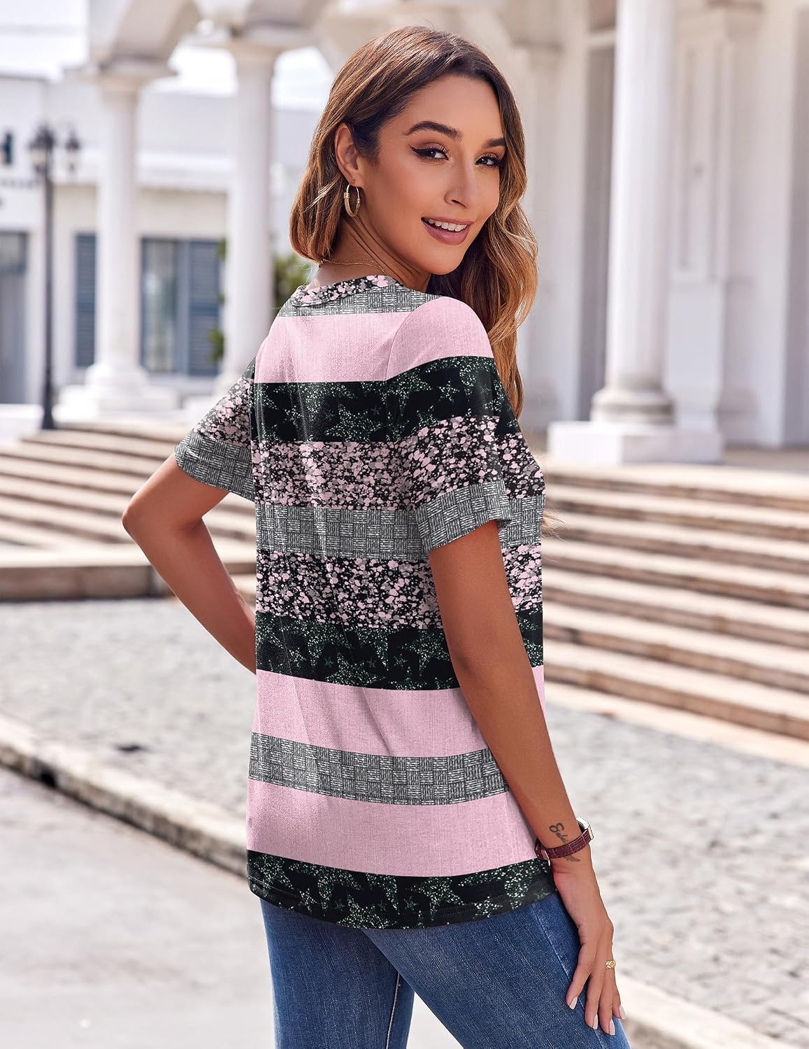 image:imageZeagoo Womens Summer Tops Casual Short Sleeve V Neck T Shirts Dressy BlouseStripes Black Pink