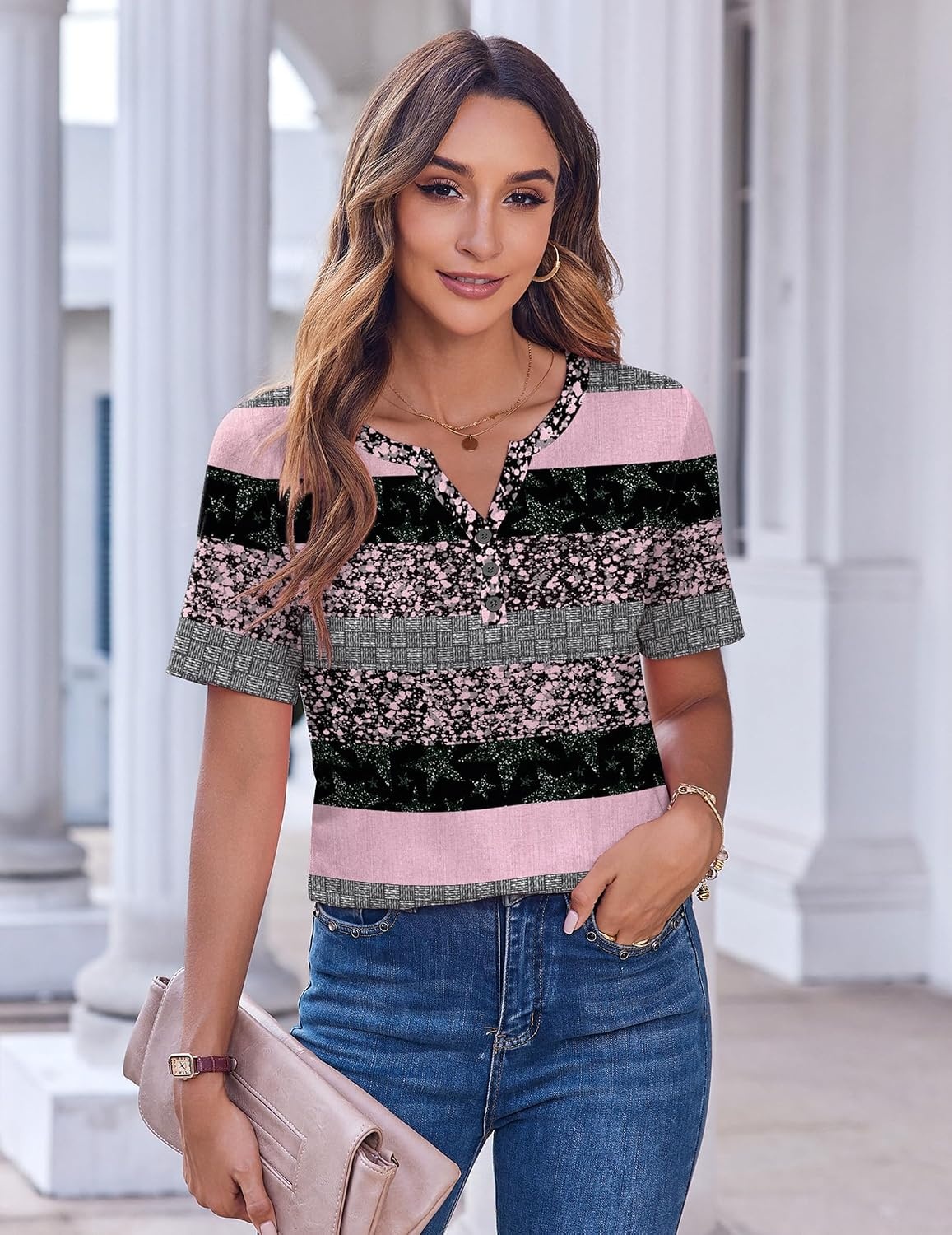image:imageZeagoo Womens Summer Tops Casual Short Sleeve V Neck T Shirts Dressy BlouseStripes Black Pink