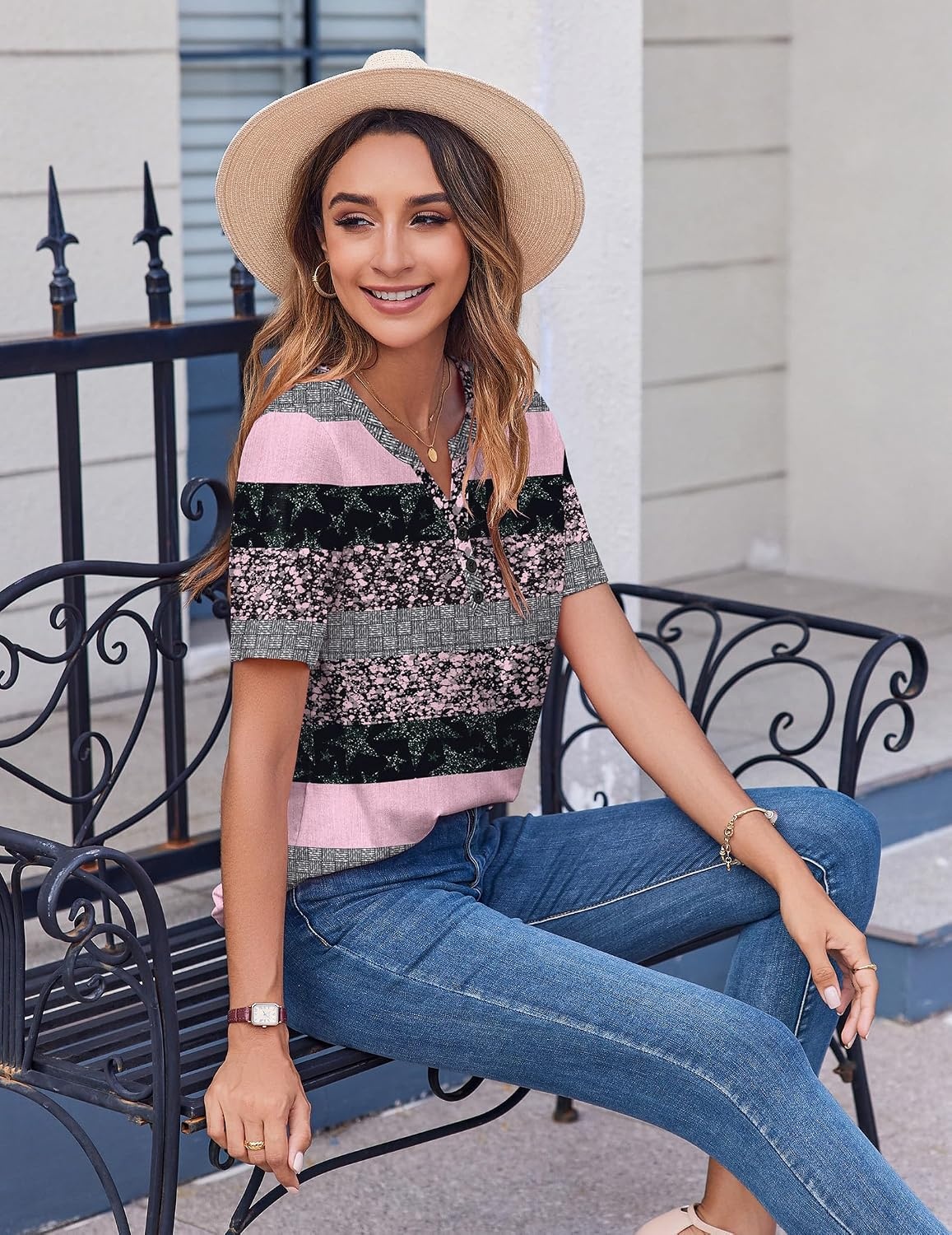image:imageZeagoo Womens Summer Tops Casual Short Sleeve V Neck T Shirts Dressy BlouseStripes Black Pink