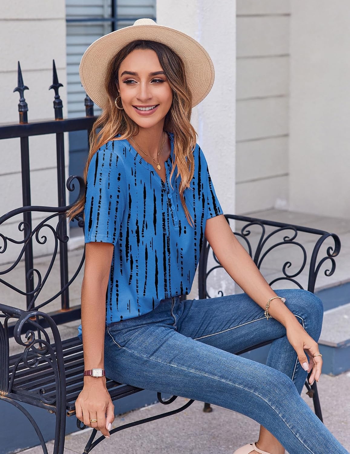 image:imageZeagoo Womens Summer Tops Casual Short Sleeve V Neck T Shirts Dressy BlouseTie Dye Blue