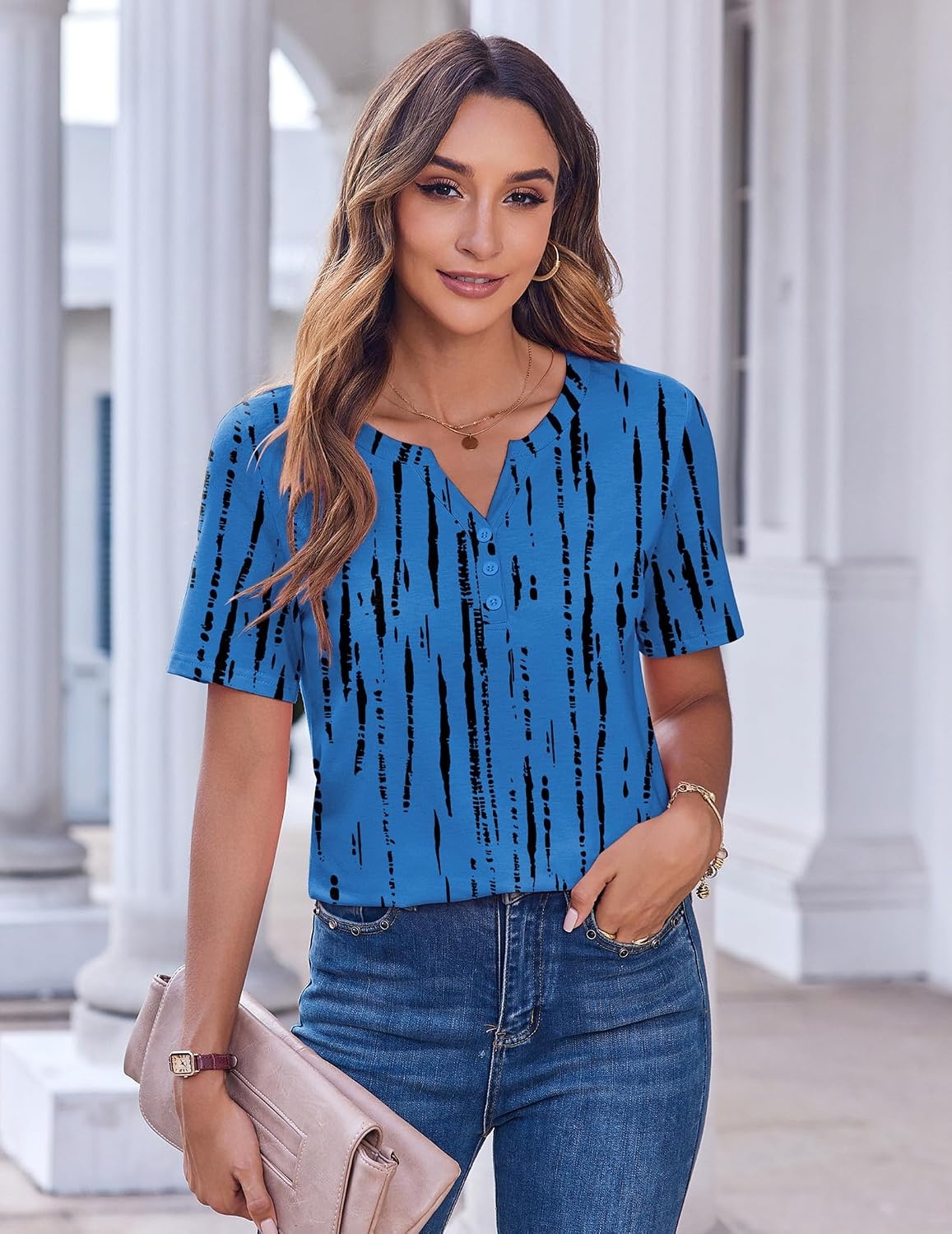 image:imageZeagoo Womens Summer Tops Casual Short Sleeve V Neck T Shirts Dressy BlouseTie Dye Blue