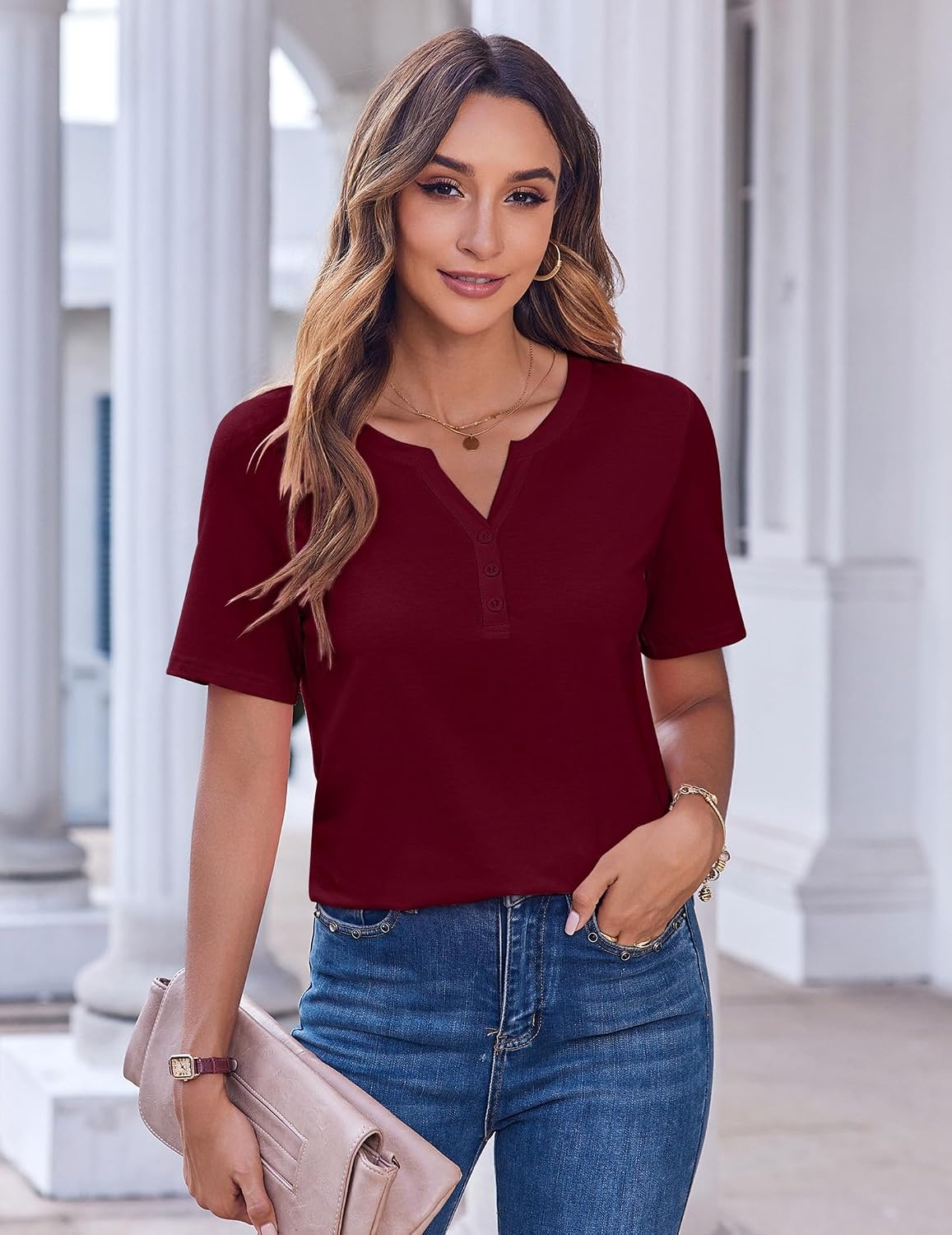 image:imageZeagoo Womens Summer Tops Casual Short Sleeve V Neck T Shirts Dressy BlouseWine Red