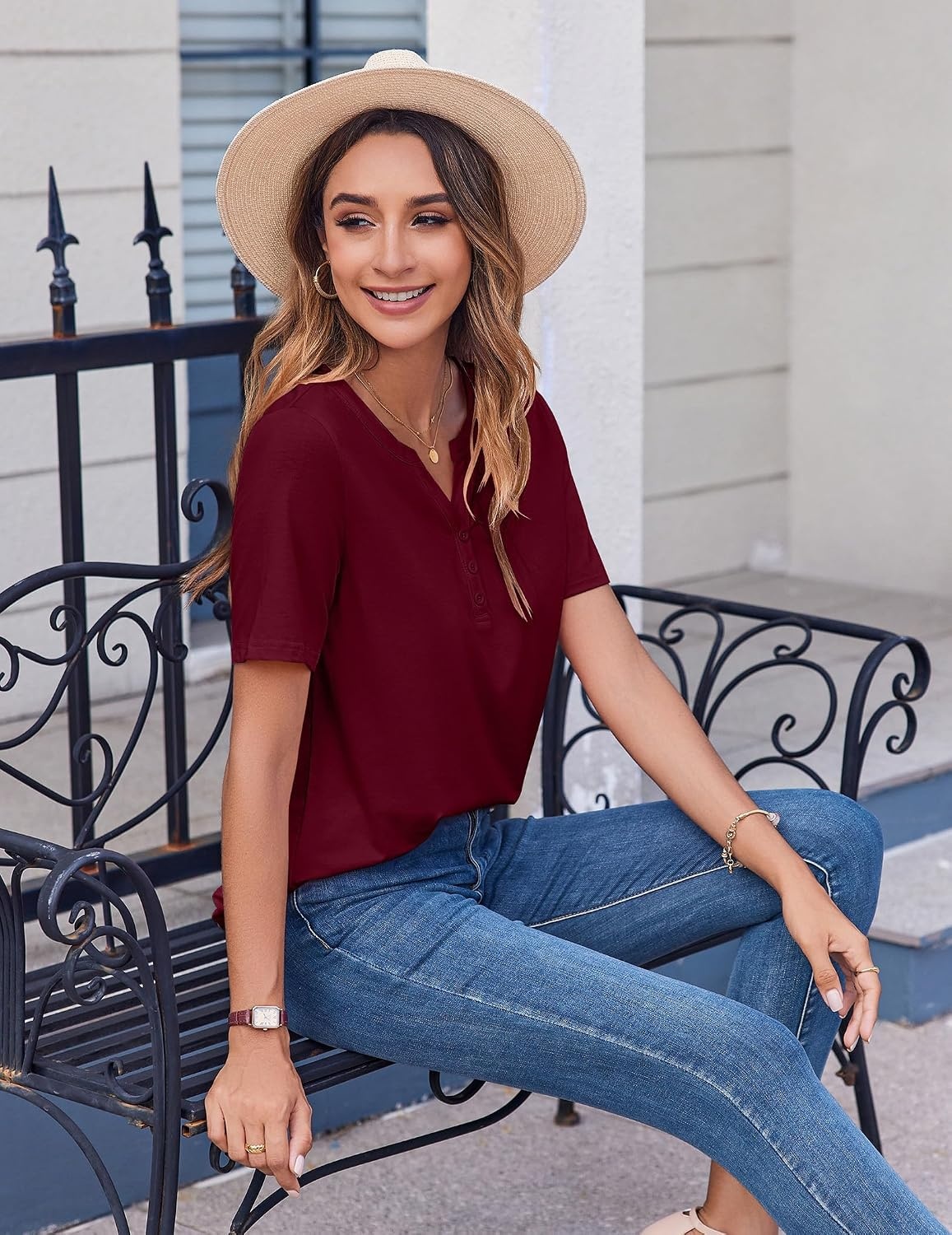 image:imageZeagoo Womens Summer Tops Casual Short Sleeve V Neck T Shirts Dressy BlouseWine Red