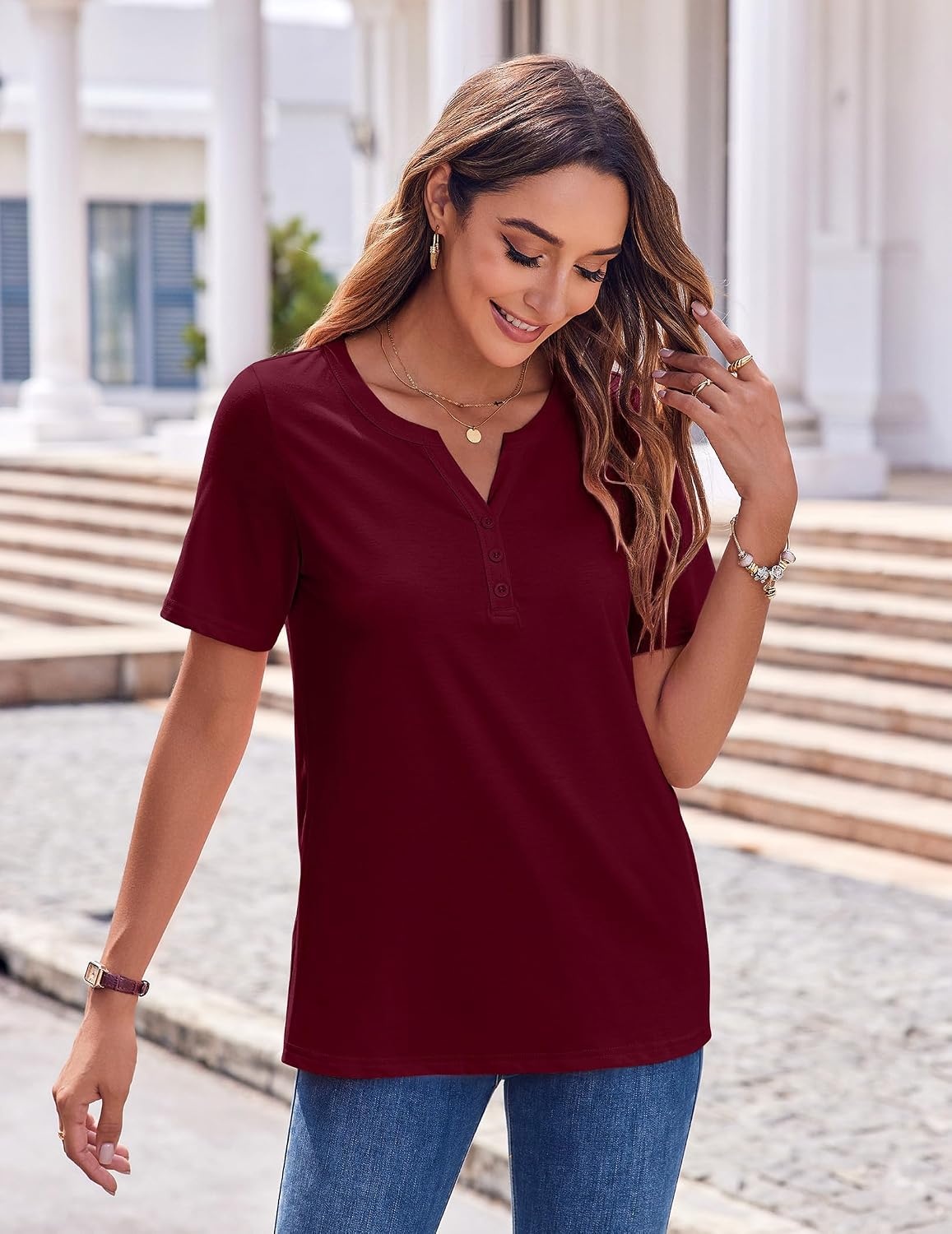 image:imageZeagoo Womens Summer Tops Casual Short Sleeve V Neck T Shirts Dressy BlouseWine Red