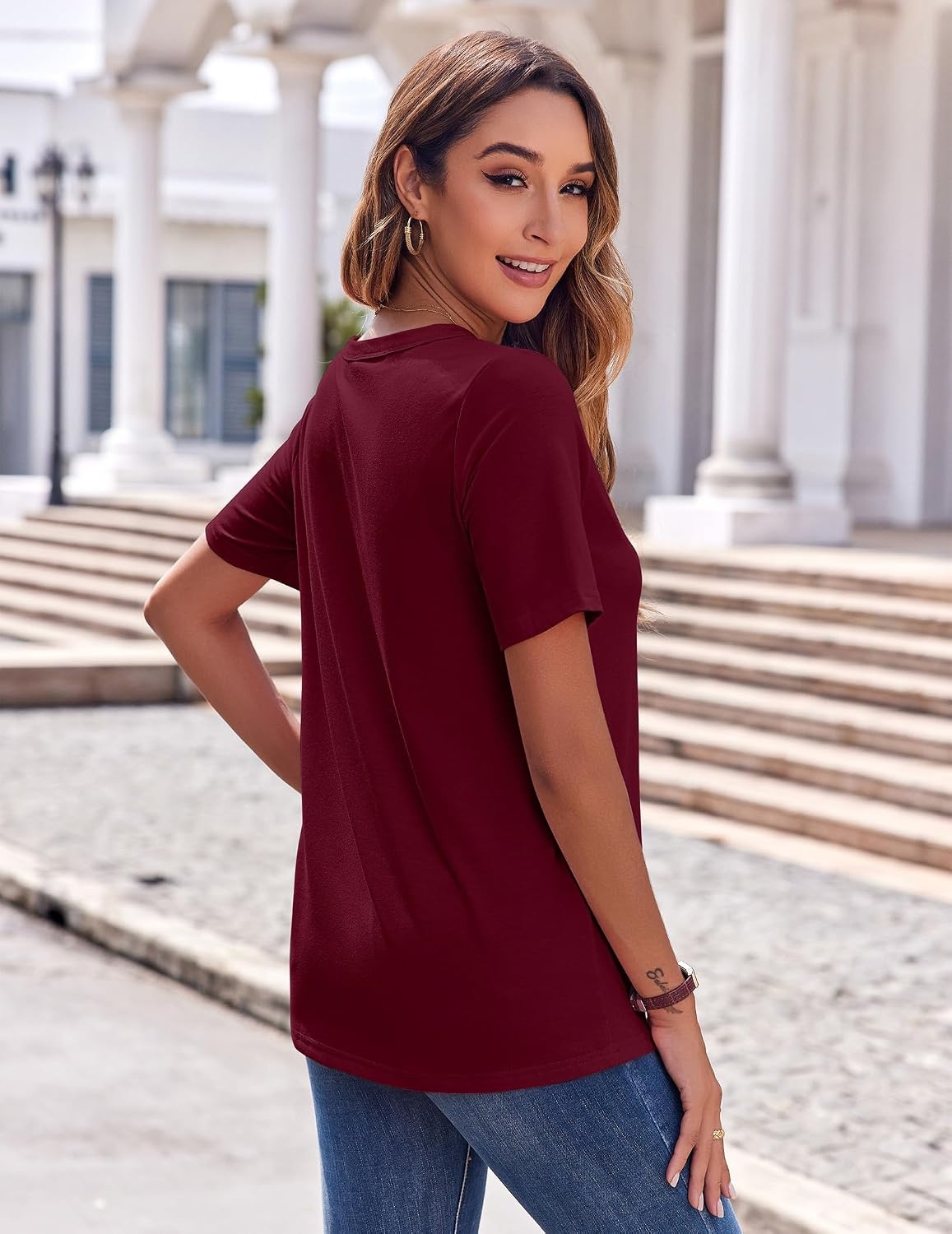 image:imageZeagoo Womens Summer Tops Casual Short Sleeve V Neck T Shirts Dressy BlouseWine Red