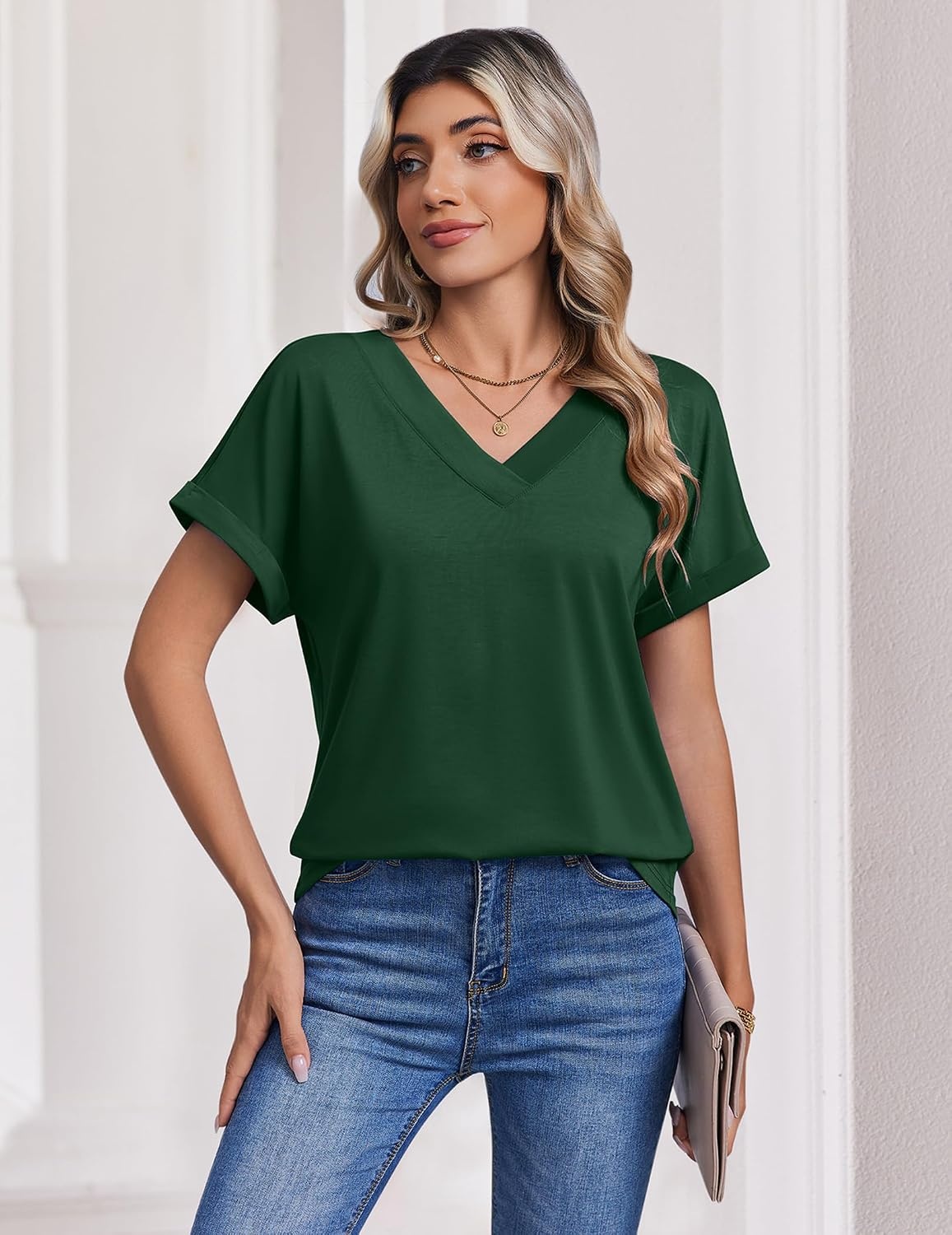 image:imageZeagoo Womens Summer Tops Rolled Short Sleeve Shirts Dressy Casual Blouses1green
